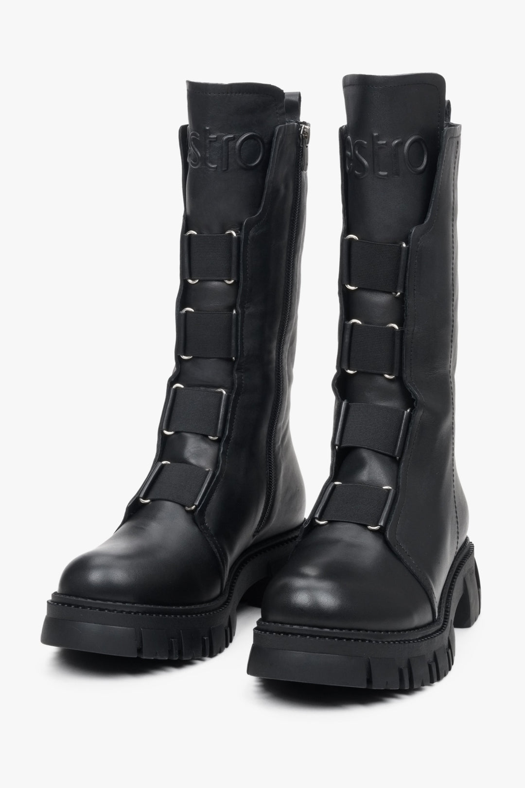 High black women's leather boots with an elastic insert by Estro.