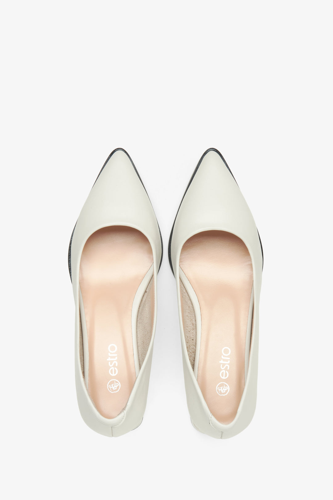 Women's leather light beige pumps by Estro with a pointed toe - top view presentation of the footwear.
