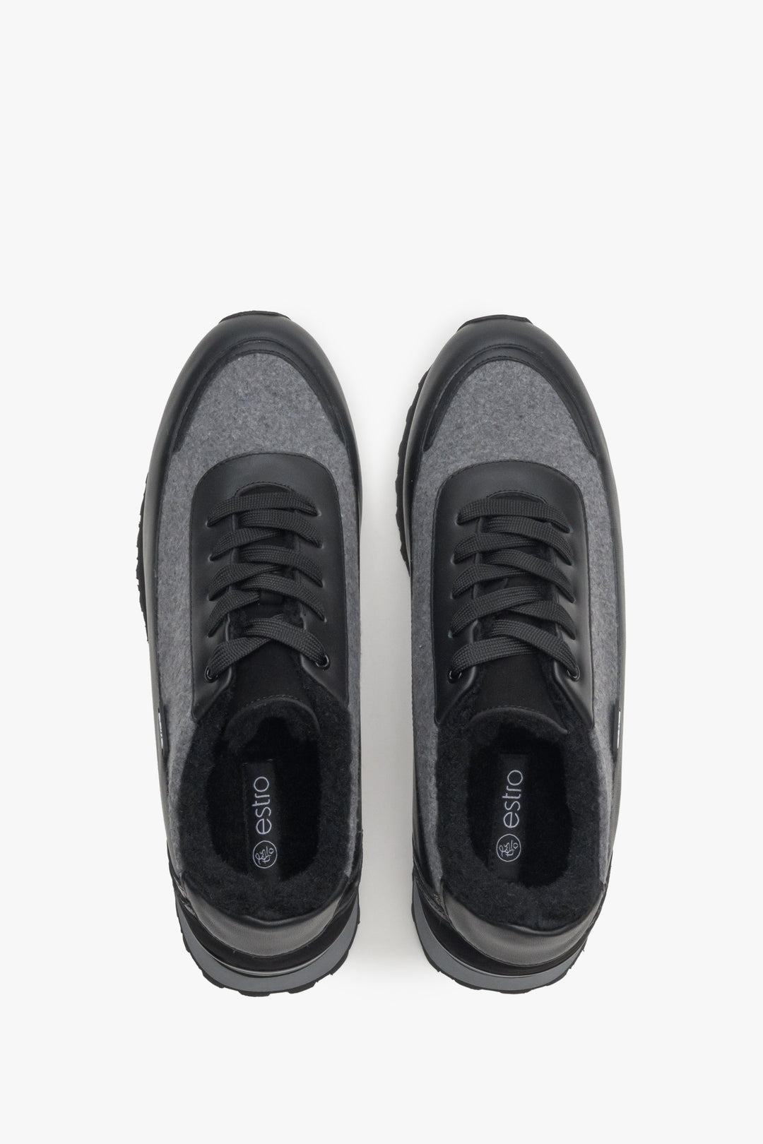 Women's black and grey leather-textile sneakers with insulation by Estro - top view presentation of the model.