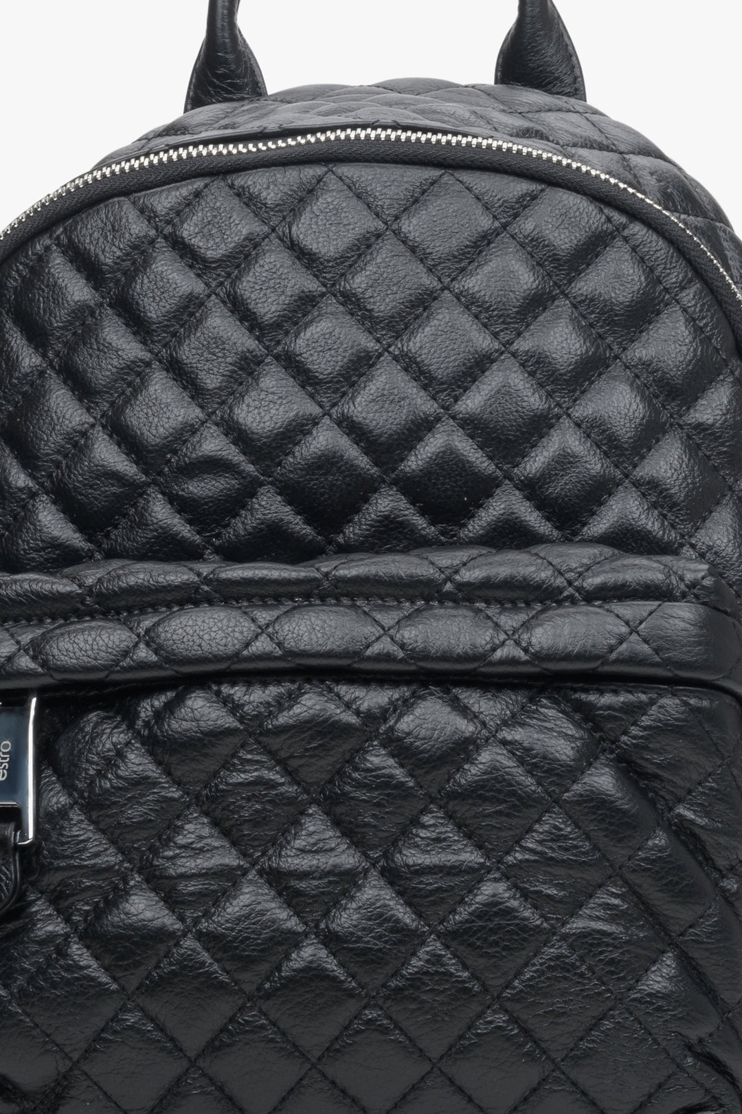 Women's black leather backpack by Estro - close-up of the stitching detail.
