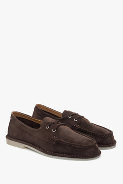 Elegant dark brown Estro women's lace-up loafers, made of soft velour, in a nautical maritime style.