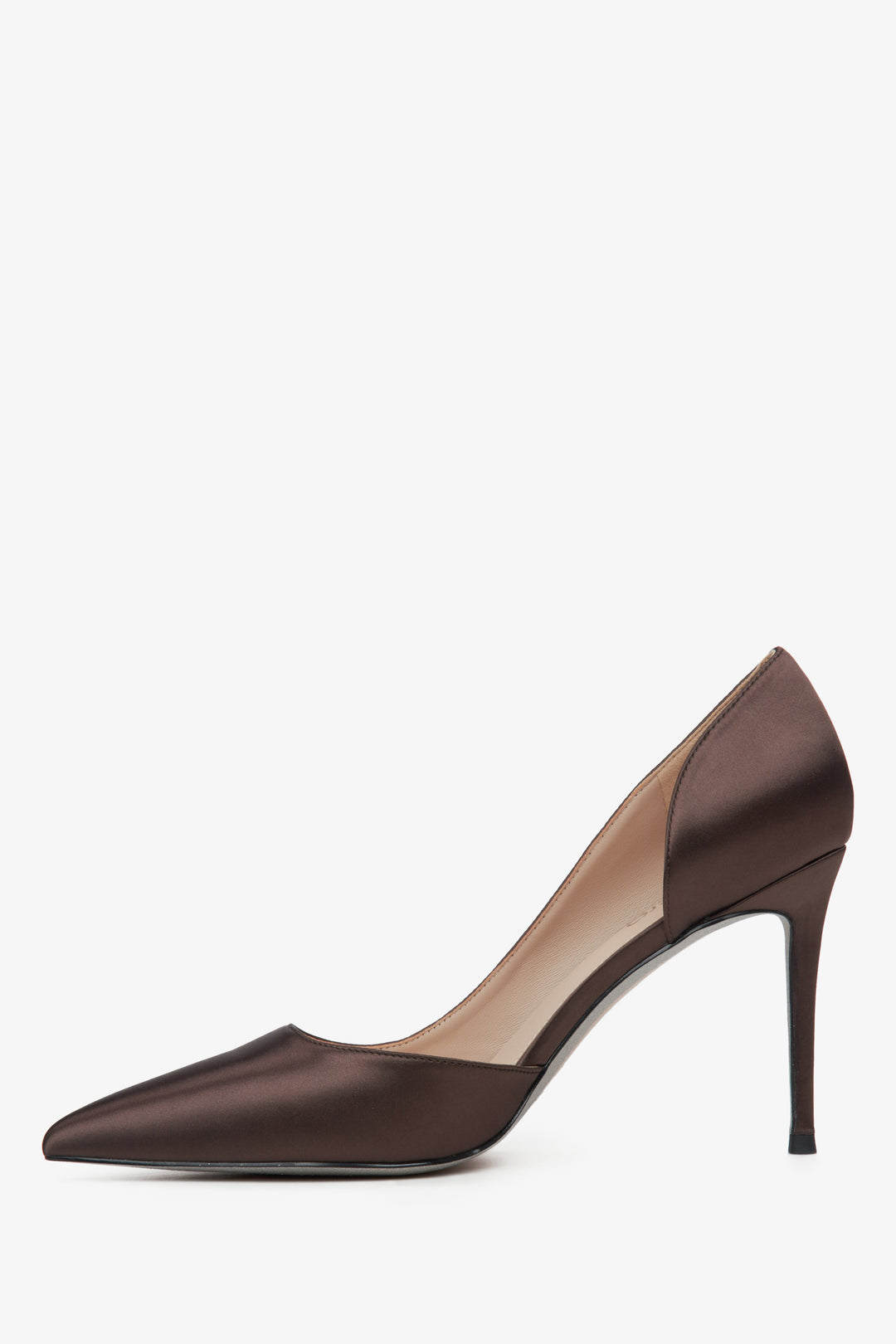 Women's darker brown Estro high heels with a satin finish - shoe profile.