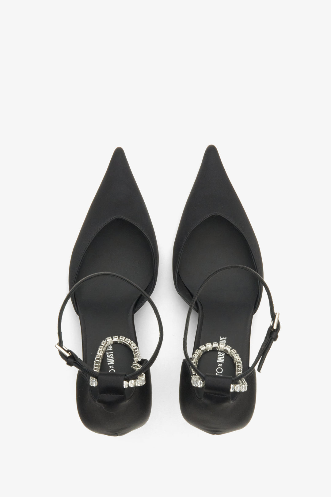 Women's pointed-toe pumps in black with a crystal strap - top view presentation of the model.