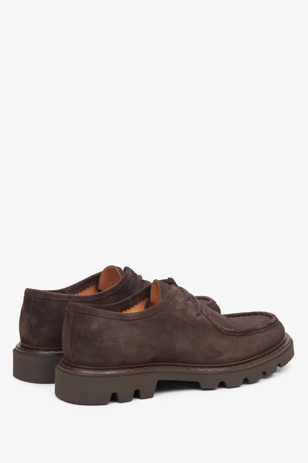 Men's velour brown lace-up shoes by Estro - close-up on the side line and heel.