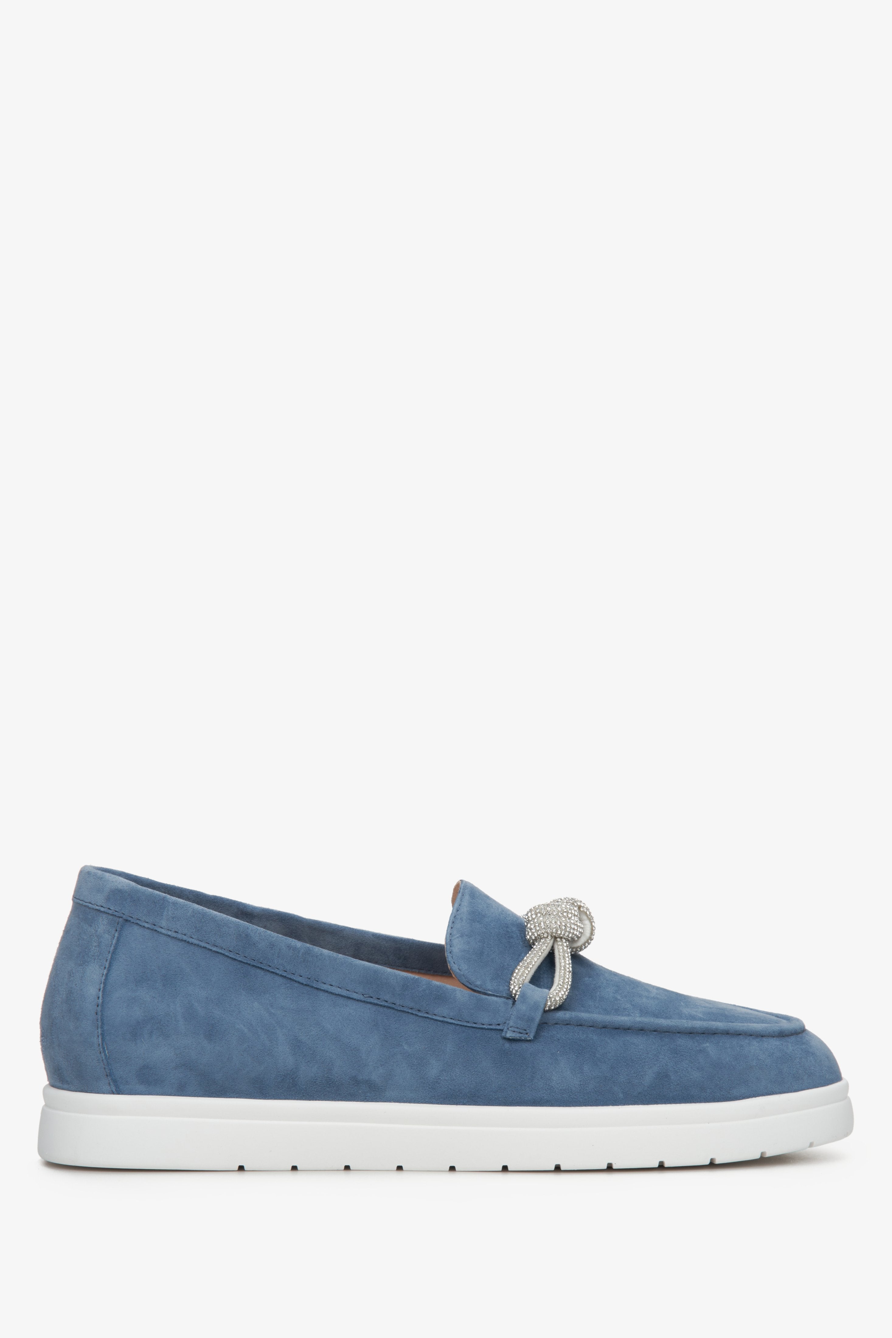 Women's Blue Velour Moccasins with a Decorative Bow Estro ER00112749.