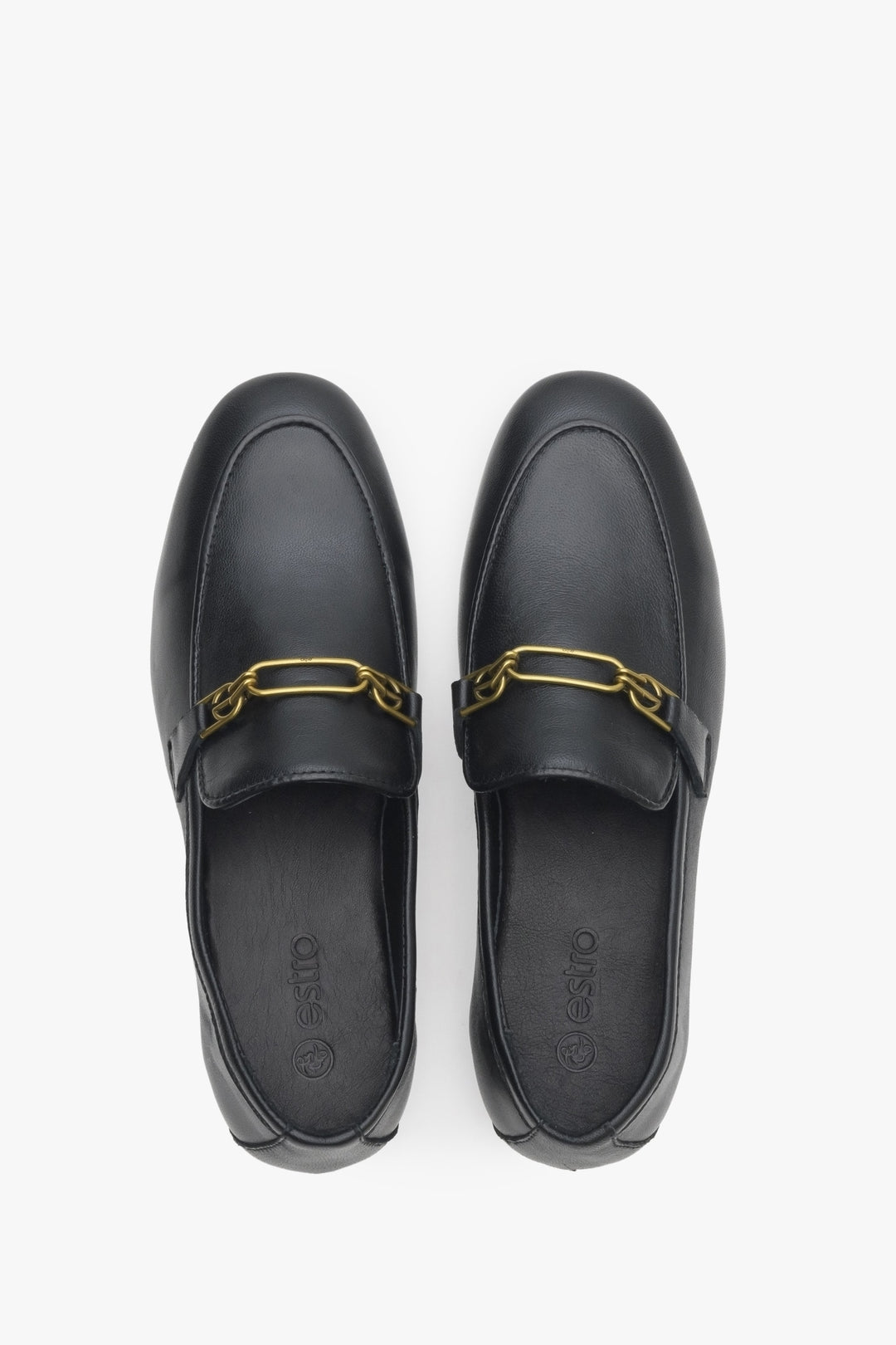 Women's black leather penny loafers Estro - presentation from above.