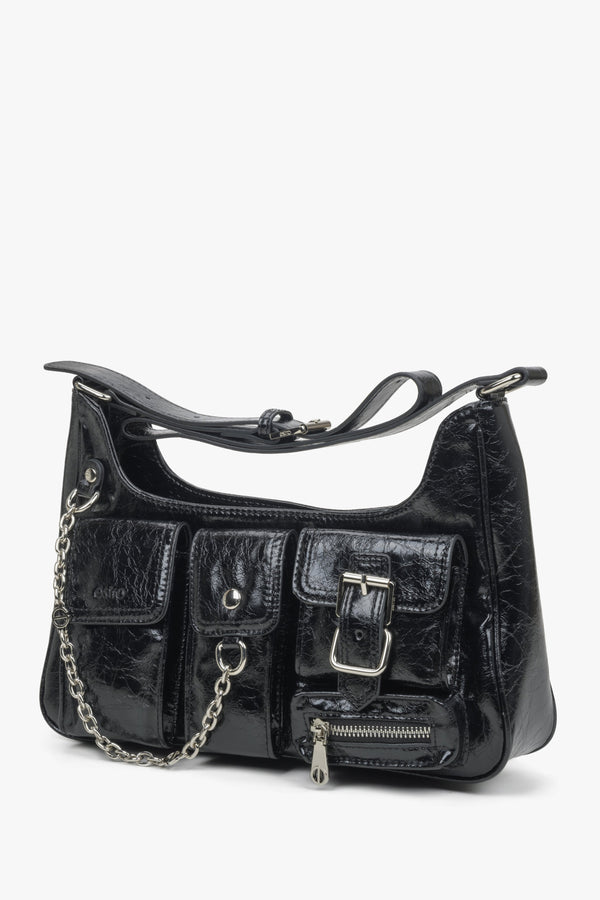 Women's black leather Estro shoulder bag with pockets.