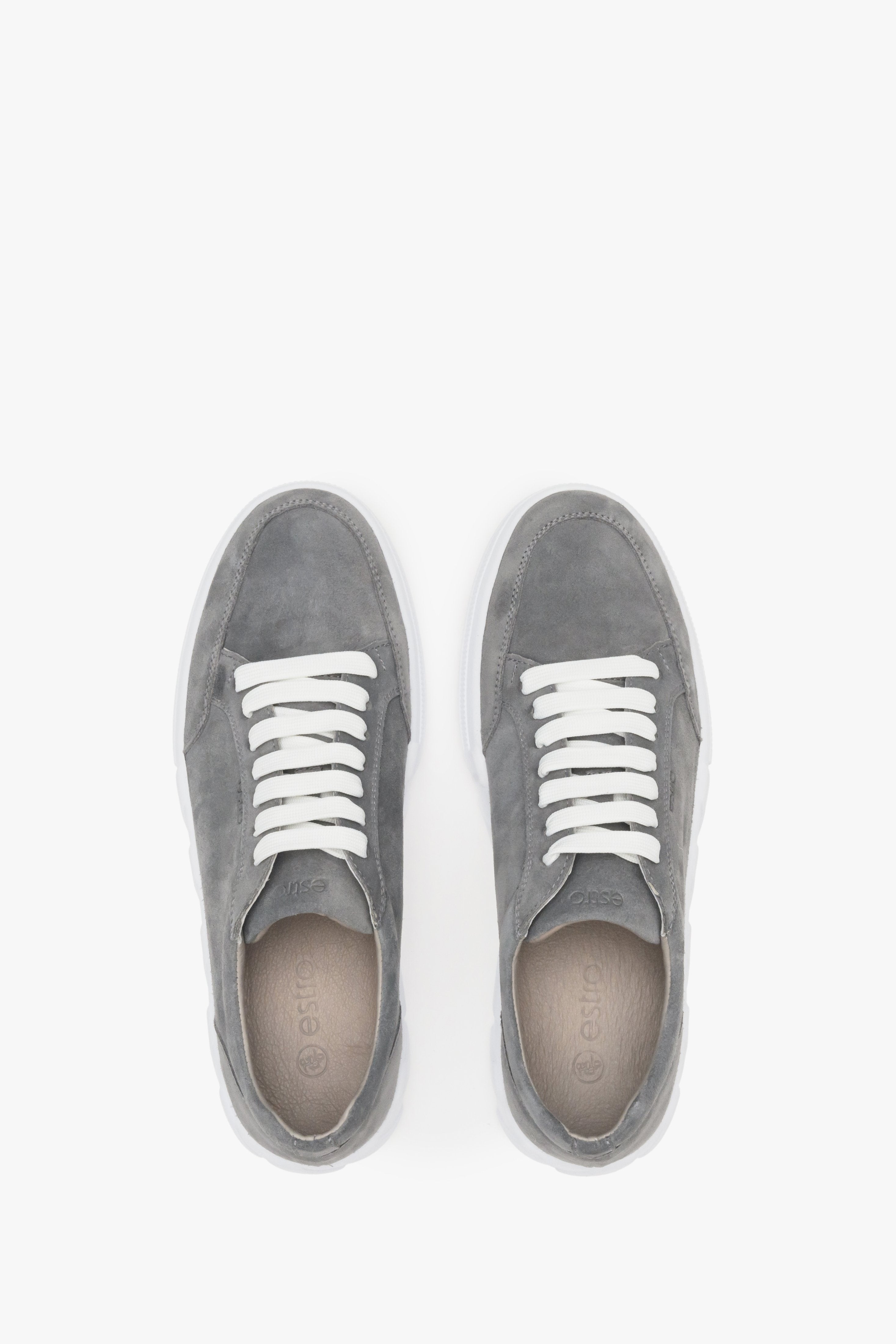 Men's grey velour sneakers by Estro - top view presentation of the footwear.