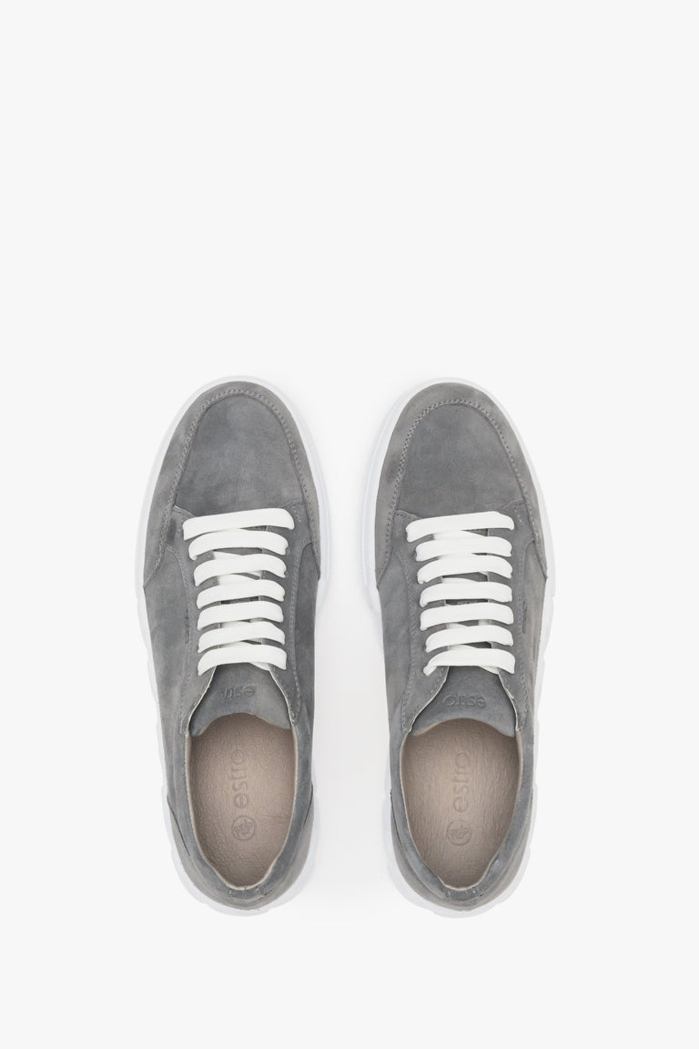 Men's grey velour sneakers by Estro - top view presentation of the footwear.