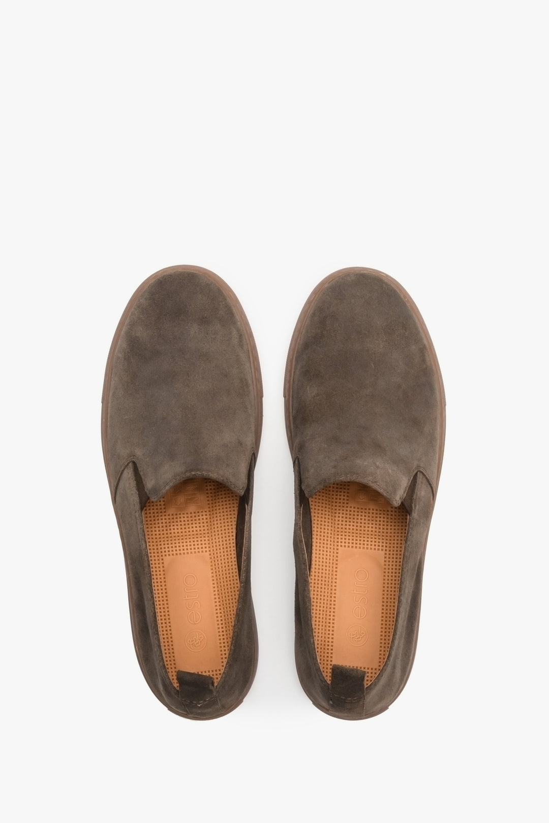 Men's dark brown velour loafers for spring - top view model presentation.