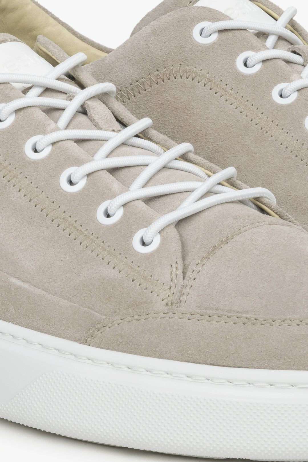 Men's grey velour sneakers by Estro - close-up on details.