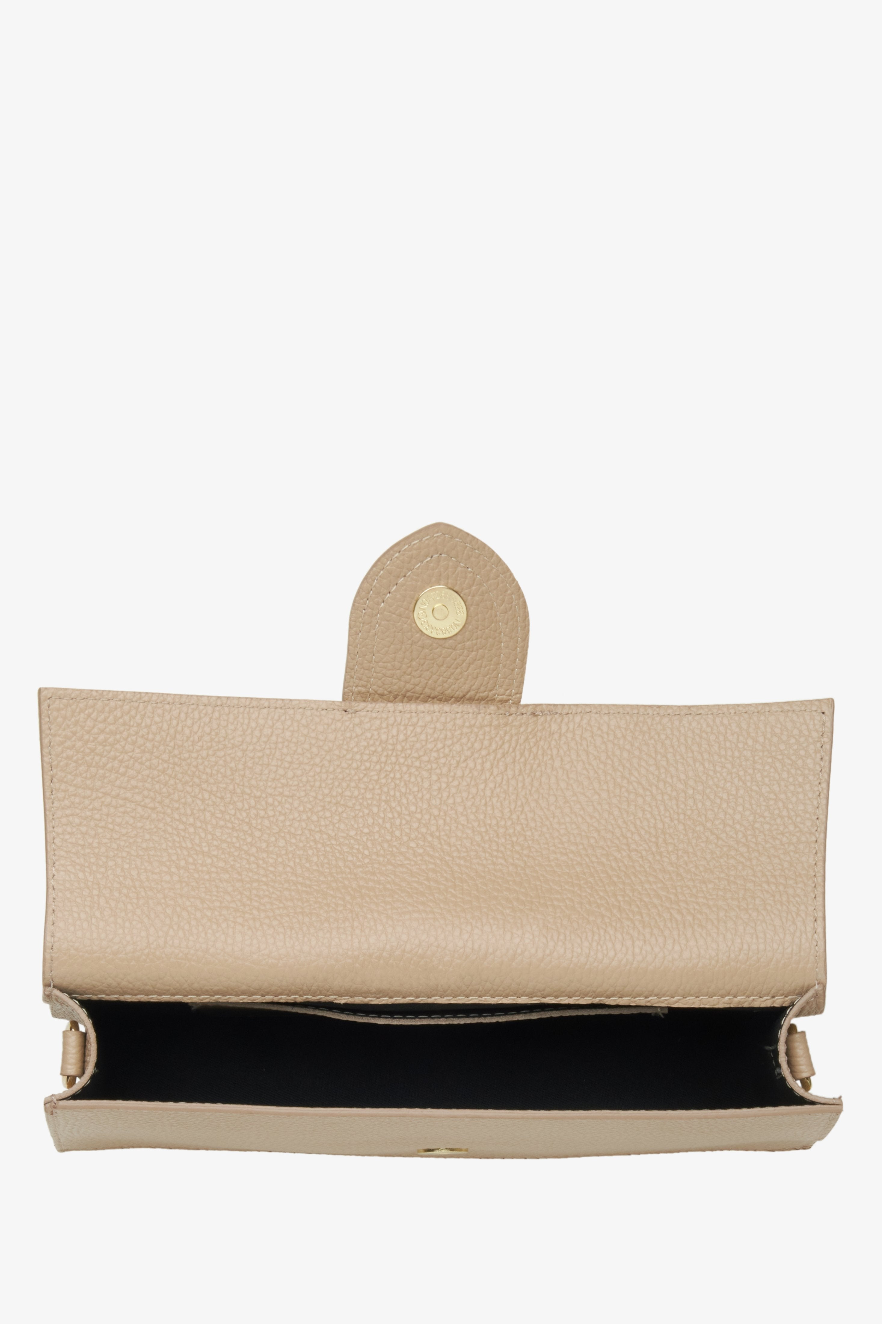 Women's sand beige handbag - a close-up on bag's main department.