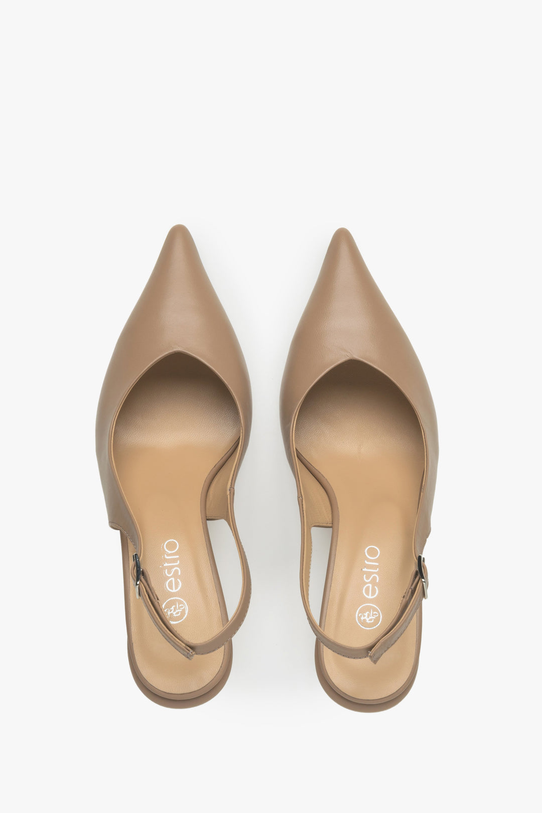 Women's beige leather slingback pumps - top view presentation of the model.