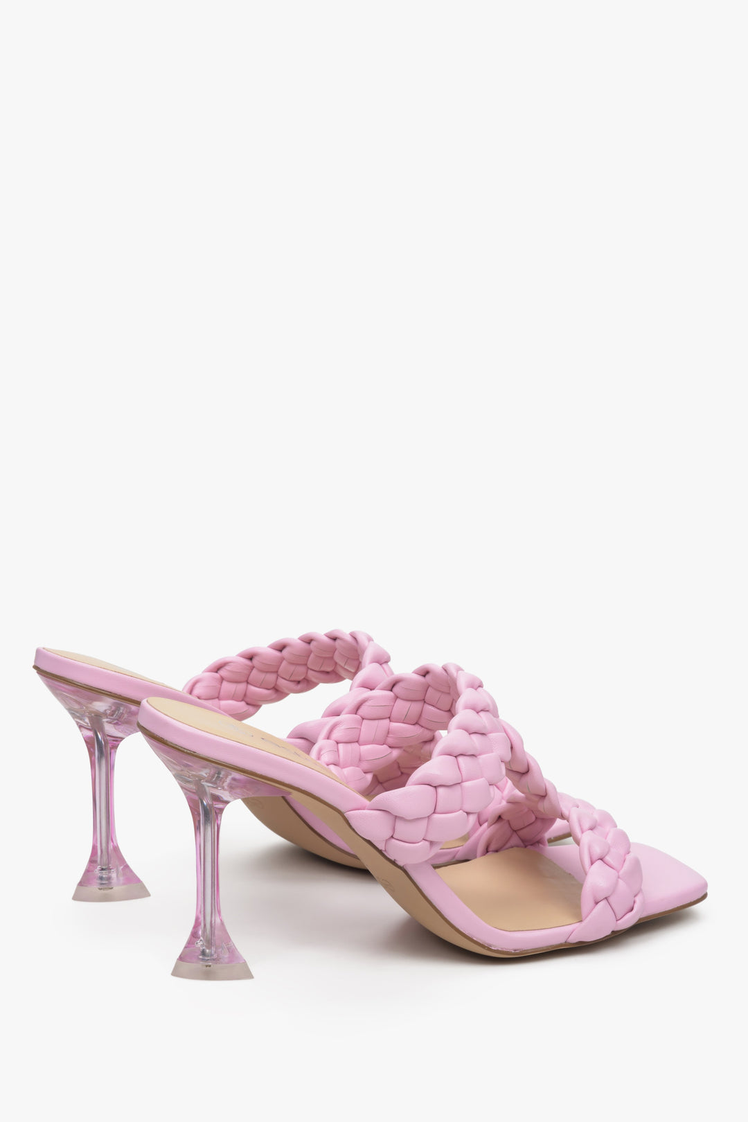 Estro heeled mules in pink leather Estro - a close-up on a funnel heel.