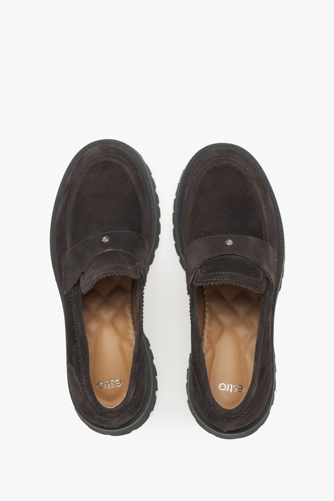 Dark brown velour women's moccasins Estro - top view of the model.