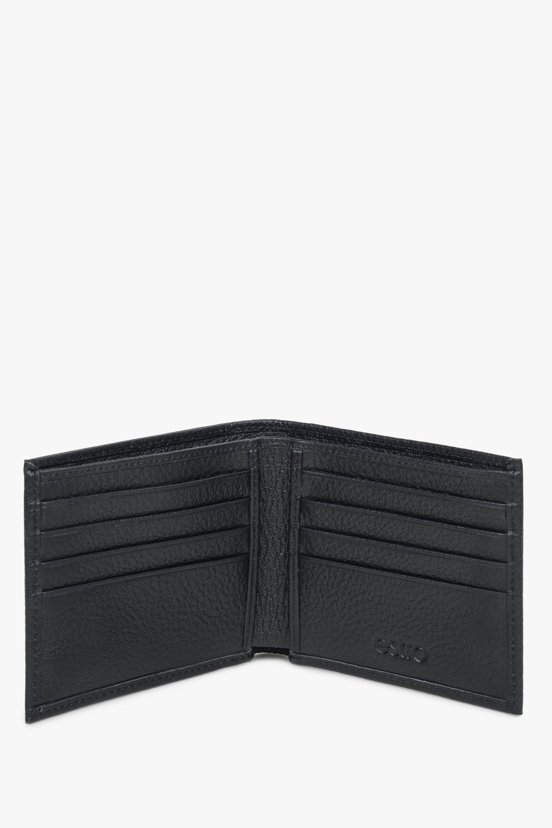 Black leather compact men's wallet - presentation of the interior model.