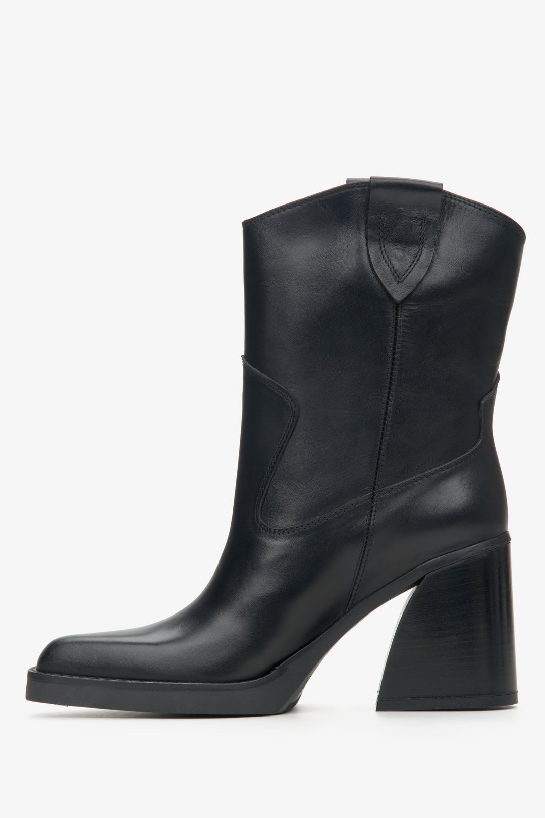 Black suede heeled cowboy boots by Estro - shoe profile.