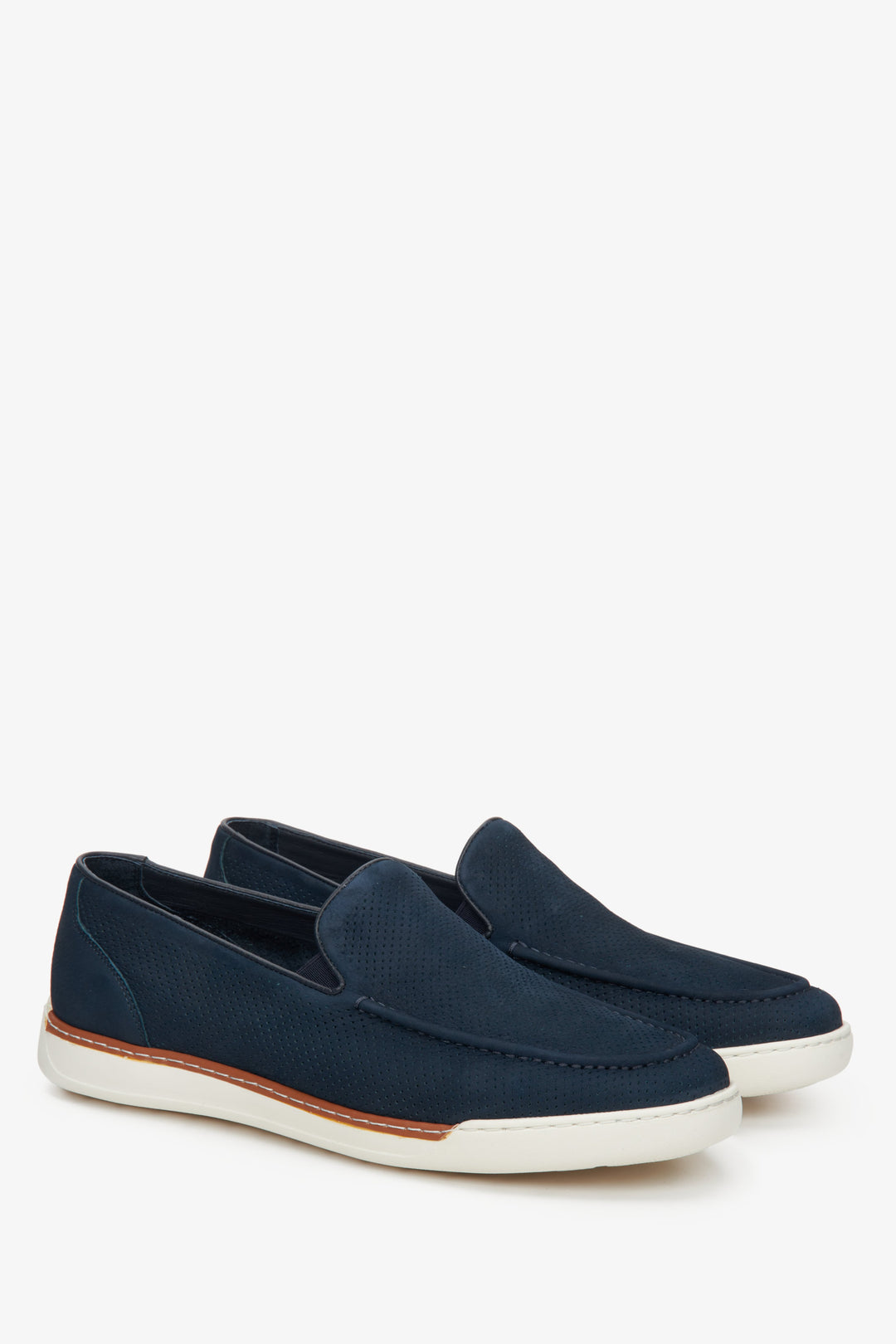 Navy blue men's nubuck moccasins with perforation for fall/spring - presentation of the toe and side seam of the shoes.
