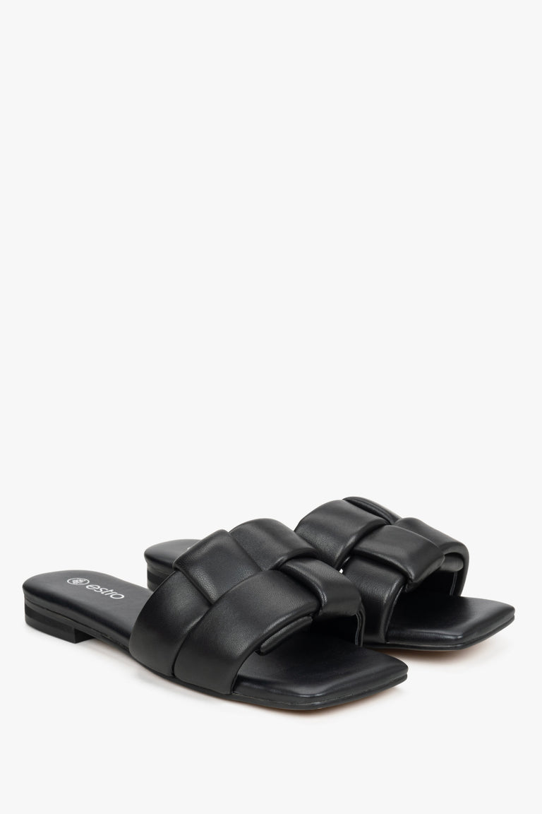 Women's black leather flat slides by Estro.