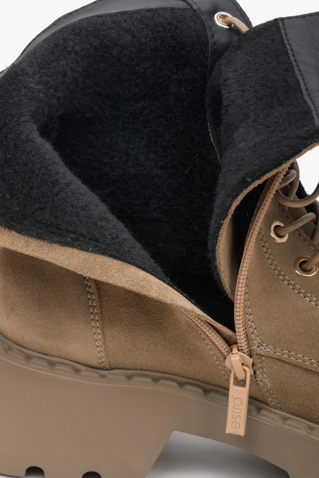 Brown velour women's work boots by Estro - close-up on the soft insole of the shoe.