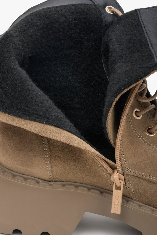 Brown velour women's work boots by Estro - close-up on the soft insole of the shoe.