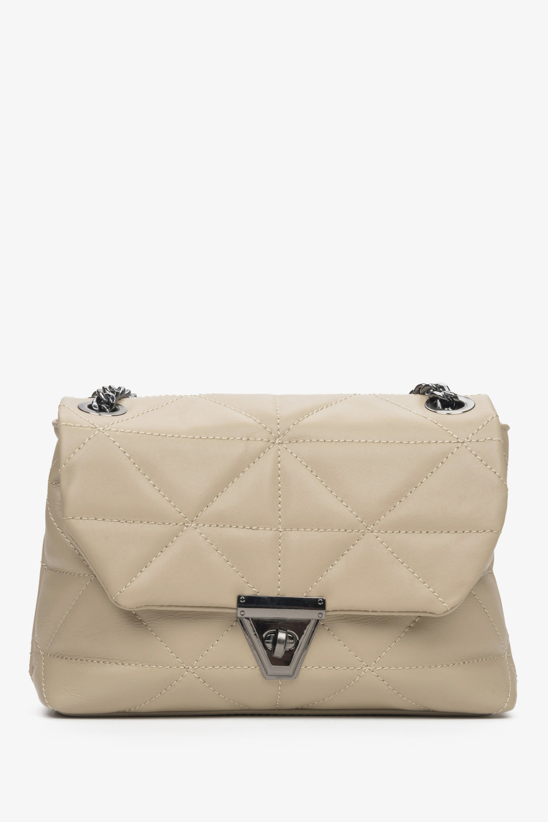 Beige quilted Estro women's handbag with silver accents.