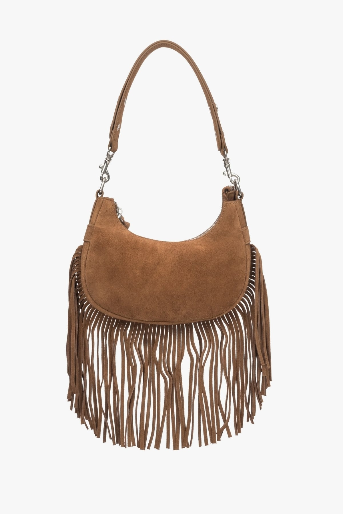 Brown velour women's shoulder bag with fringes.