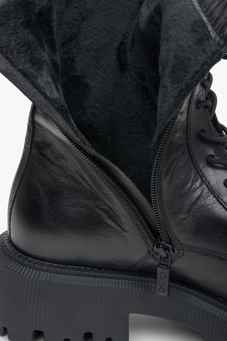 Women's black high fall combat boots by Estro - close-up of the inside of the shoe.