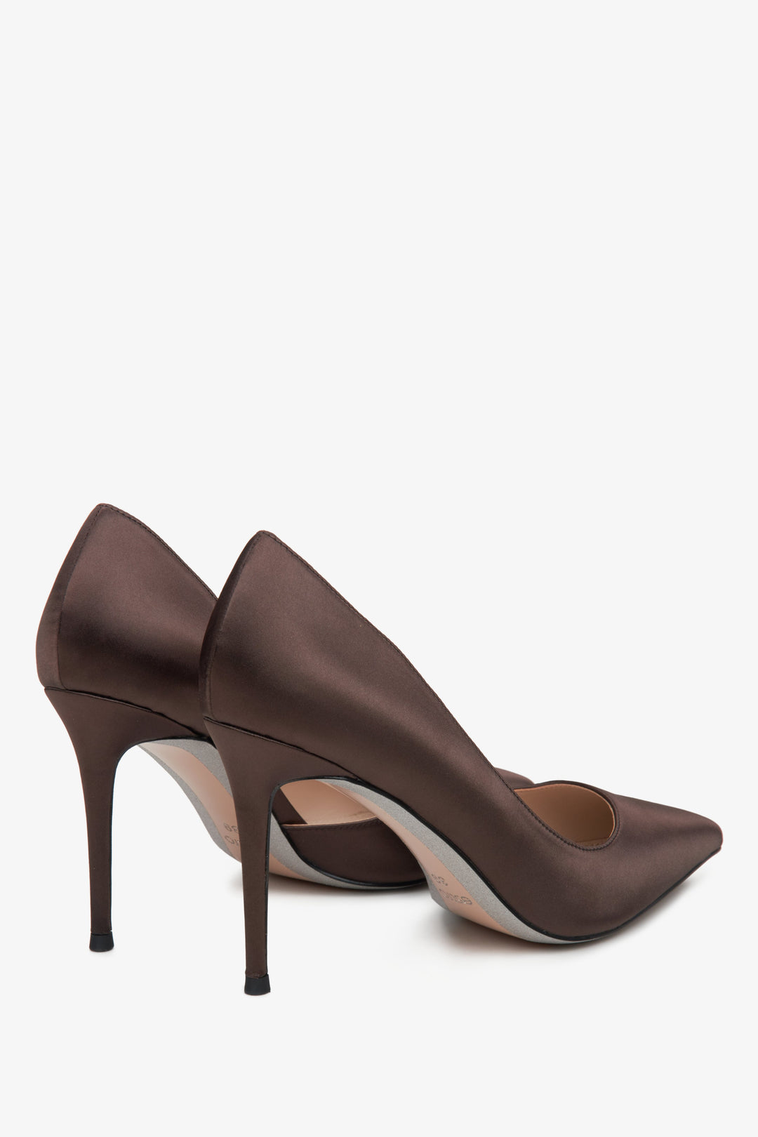 Women's dark brown Estro high heels with satin finish - close-up on the heel.