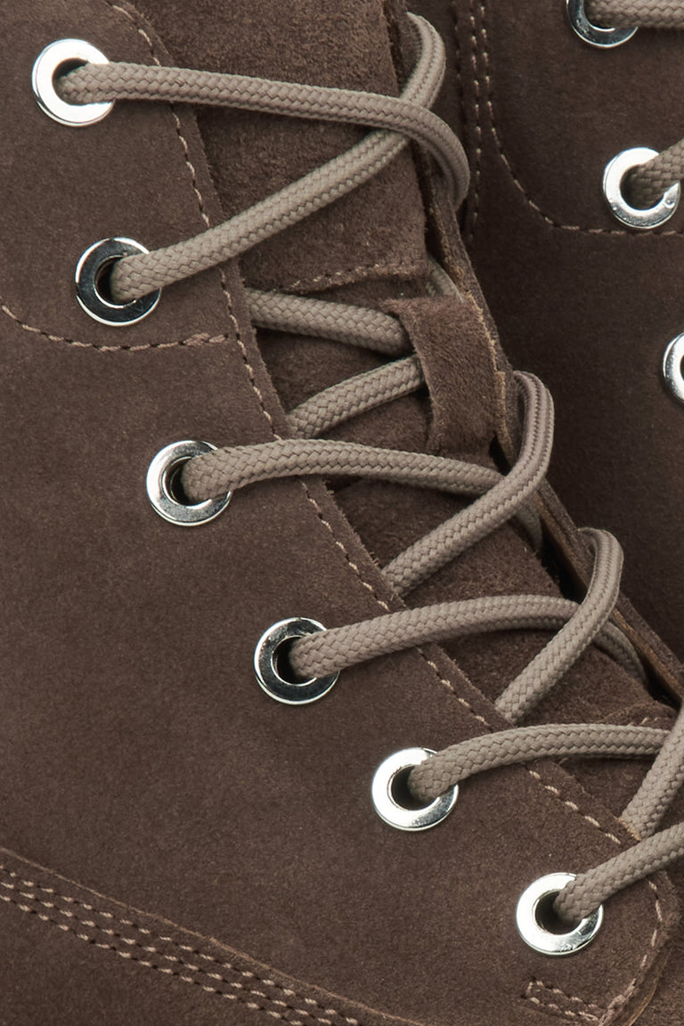 Brown lace-up ankle boots for women by Estro - close-up of the details.