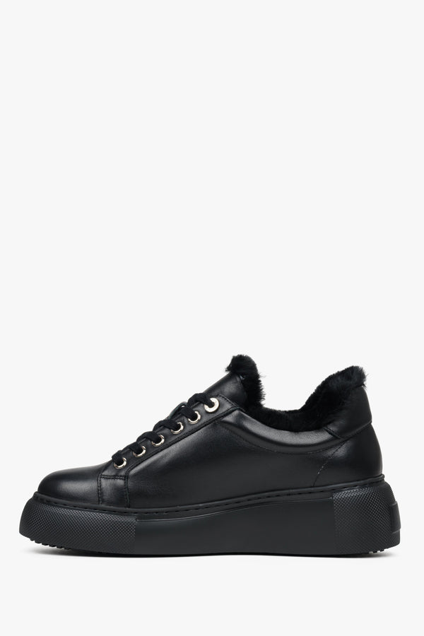 Black leather winter sneakers with insulation by Estro - shoe profile.