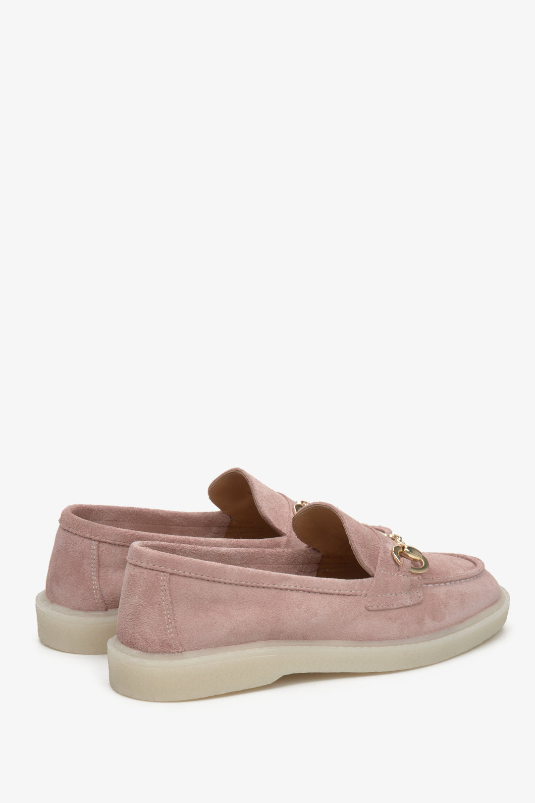 Women's light pink loafers made of velour and leather with gold buckle by Estro - close up on heel counter.