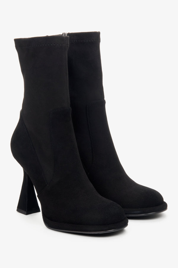 Women's black ankle boots with funnel heel made of genuine velour by Estro.