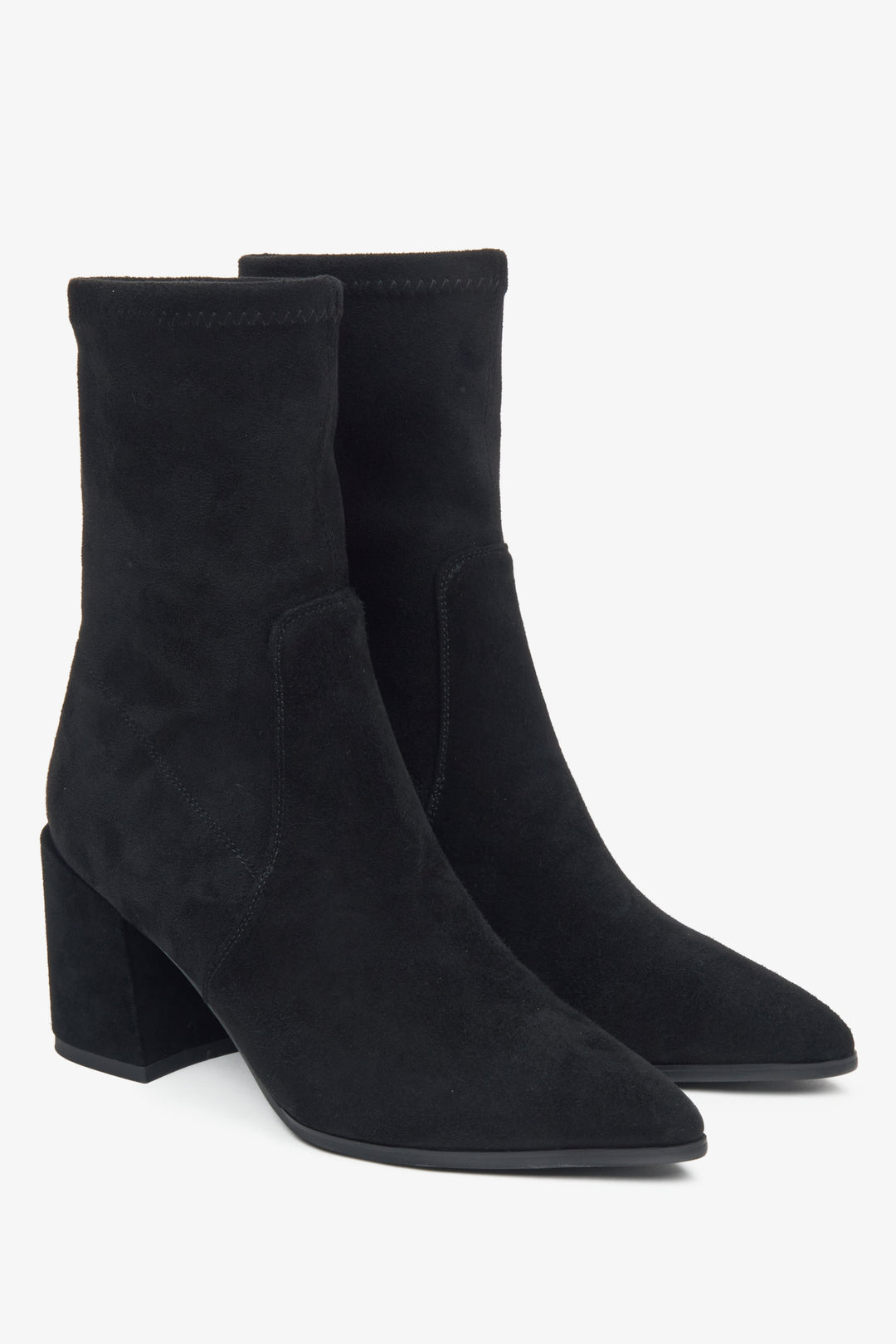 Black women's ankle boots made of genuine velour on a block heel with an elastic upper by Estro.