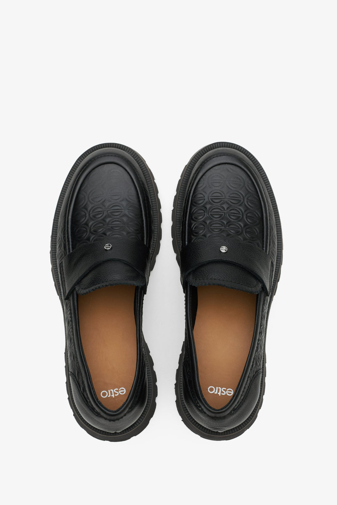 Black leather loafers made of textured genuine leather by Estro - top view presentation of the model.