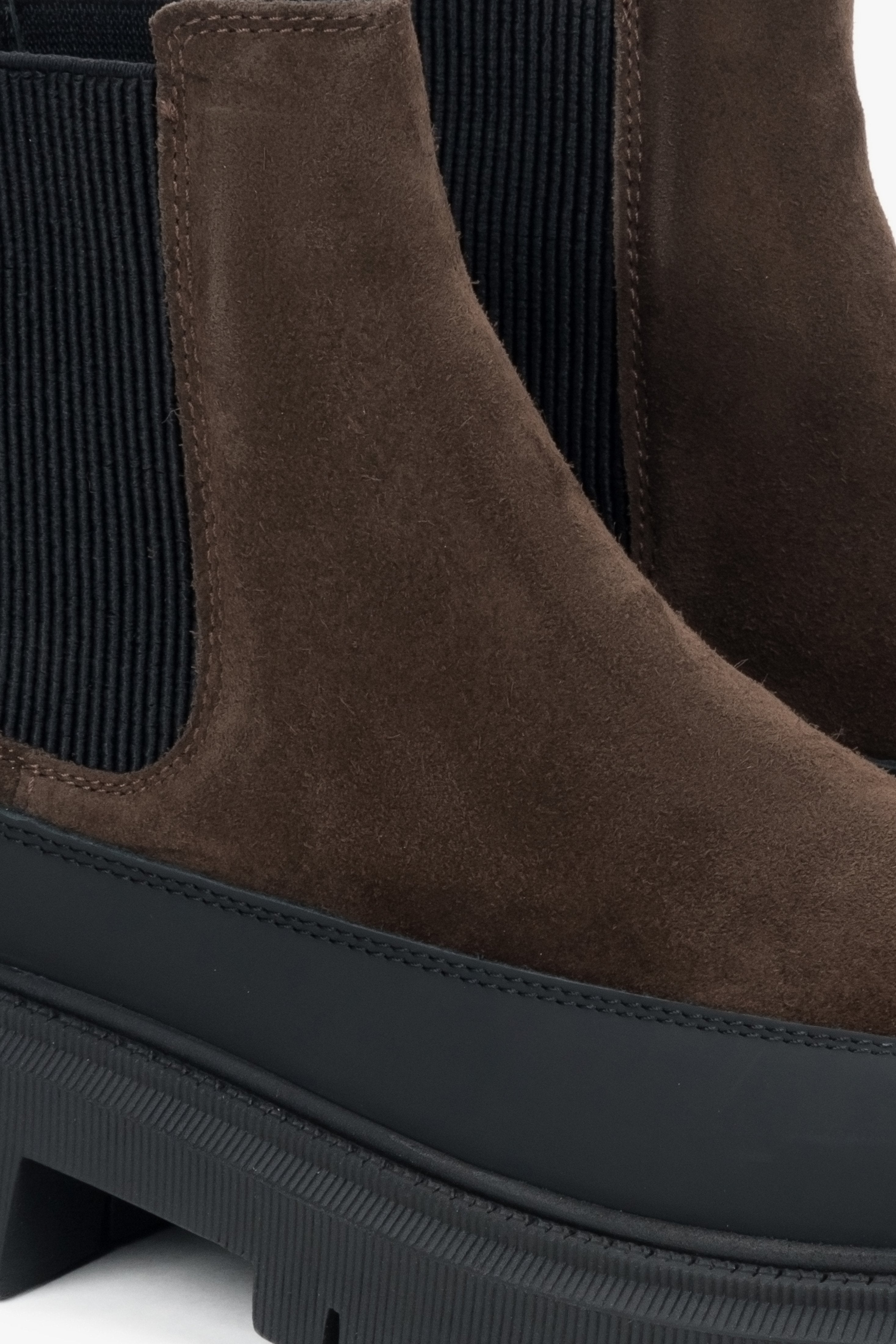 Premium Italian Velour and Leather Women's Saddle Brown Chelsea Boots by Estro - details.