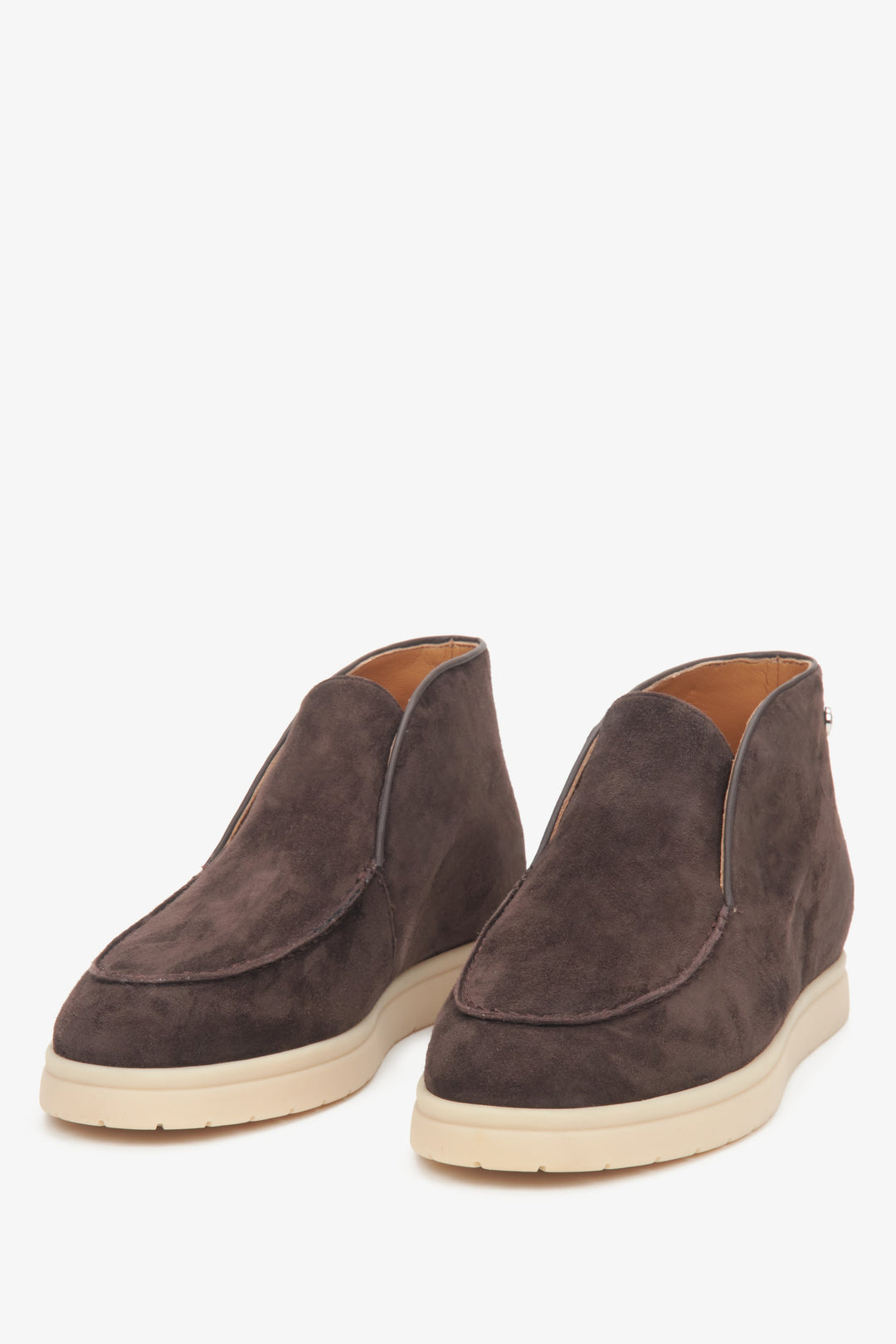 Premium Velour and Leather Women's Low-Top Ankle Boots in Saddle Brown by Estro - a close-up on shoes' toeline.