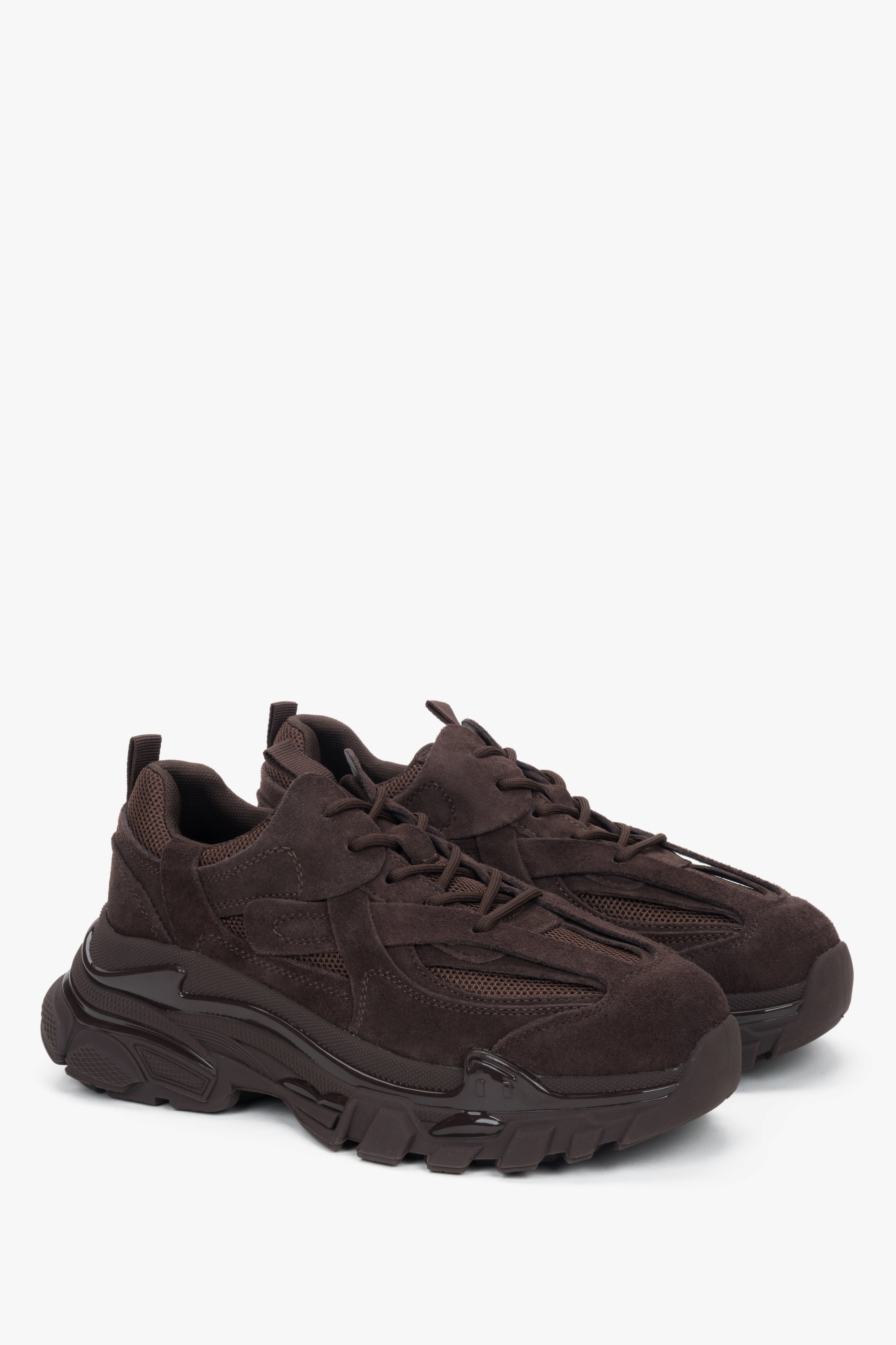 Women's saddle brown velour low-top sneakers with a chunky platform, model ES8.