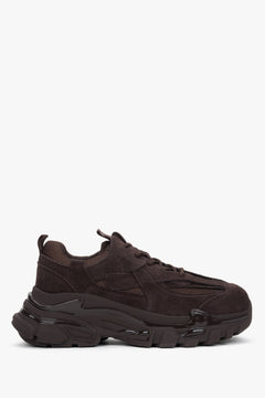 A pair of women's low-top sneakers in saddle brown, featuring a velour upper and a chunky platform sole.