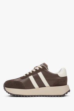 A pair of women's sneakers in saddle brown, constructed from velour and leather, model ES8.