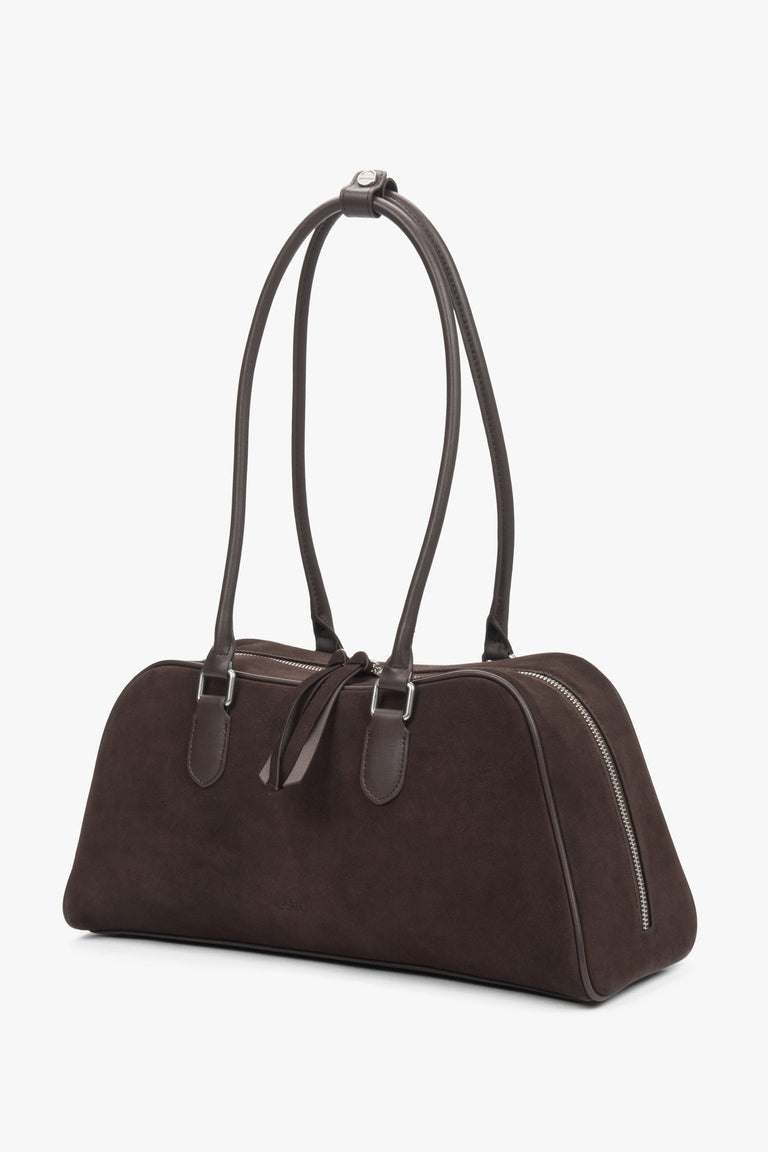 Women's saddle brown velour shoulder bag with long handles by Estro.
