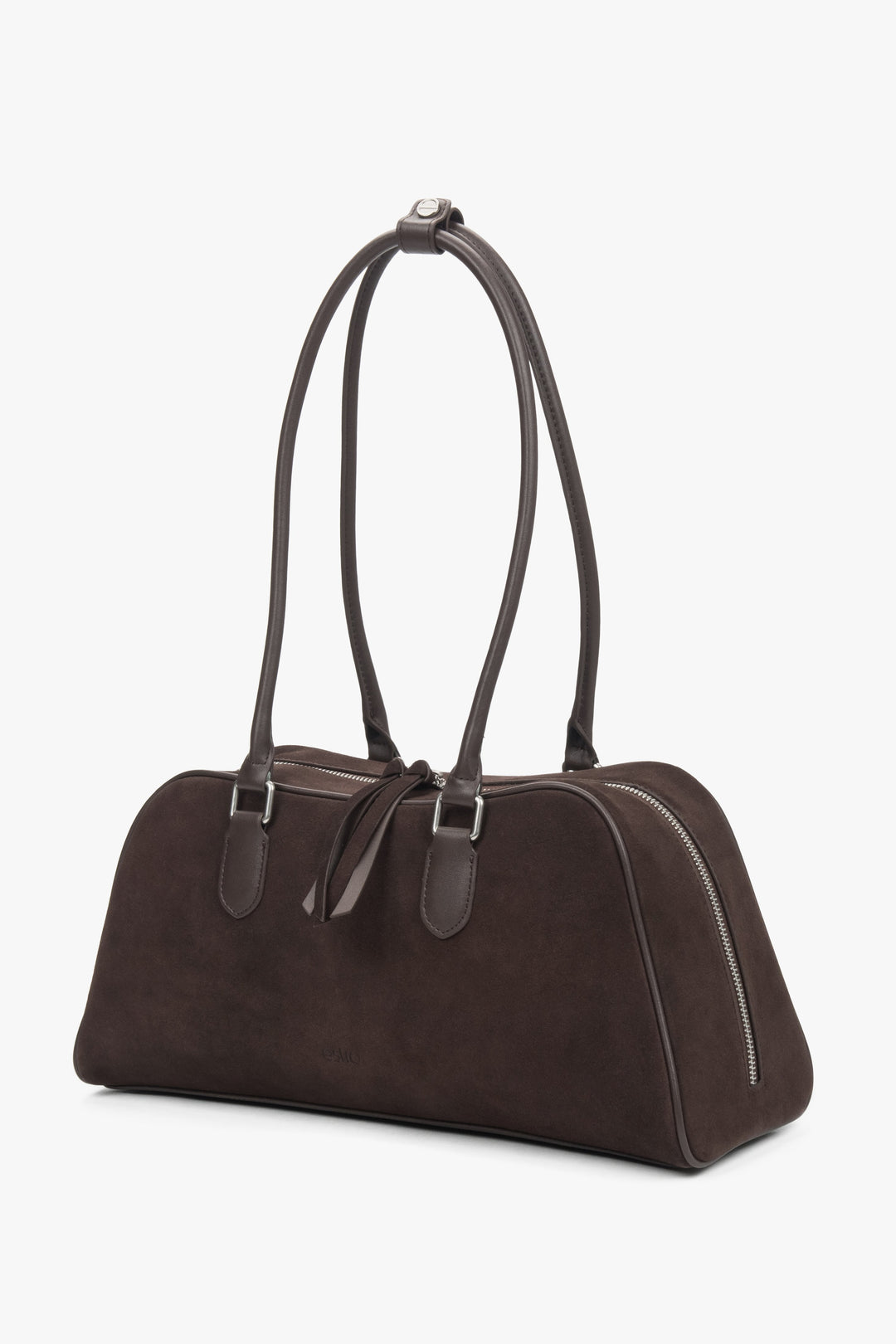 Women's saddle brown velour shoulder bag with long handles by Estro.