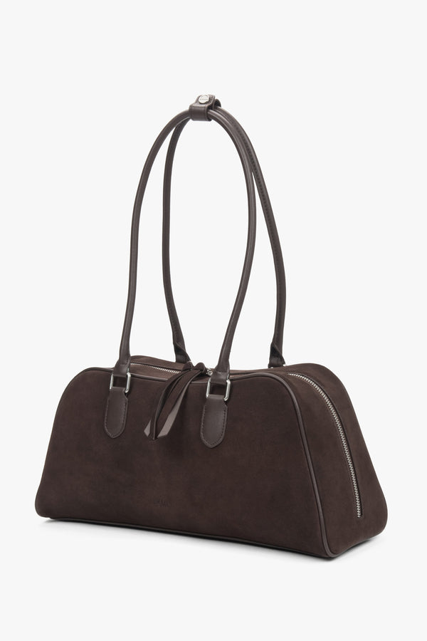 Women's saddle brown velour shoulder bag with long handles by Estro.
