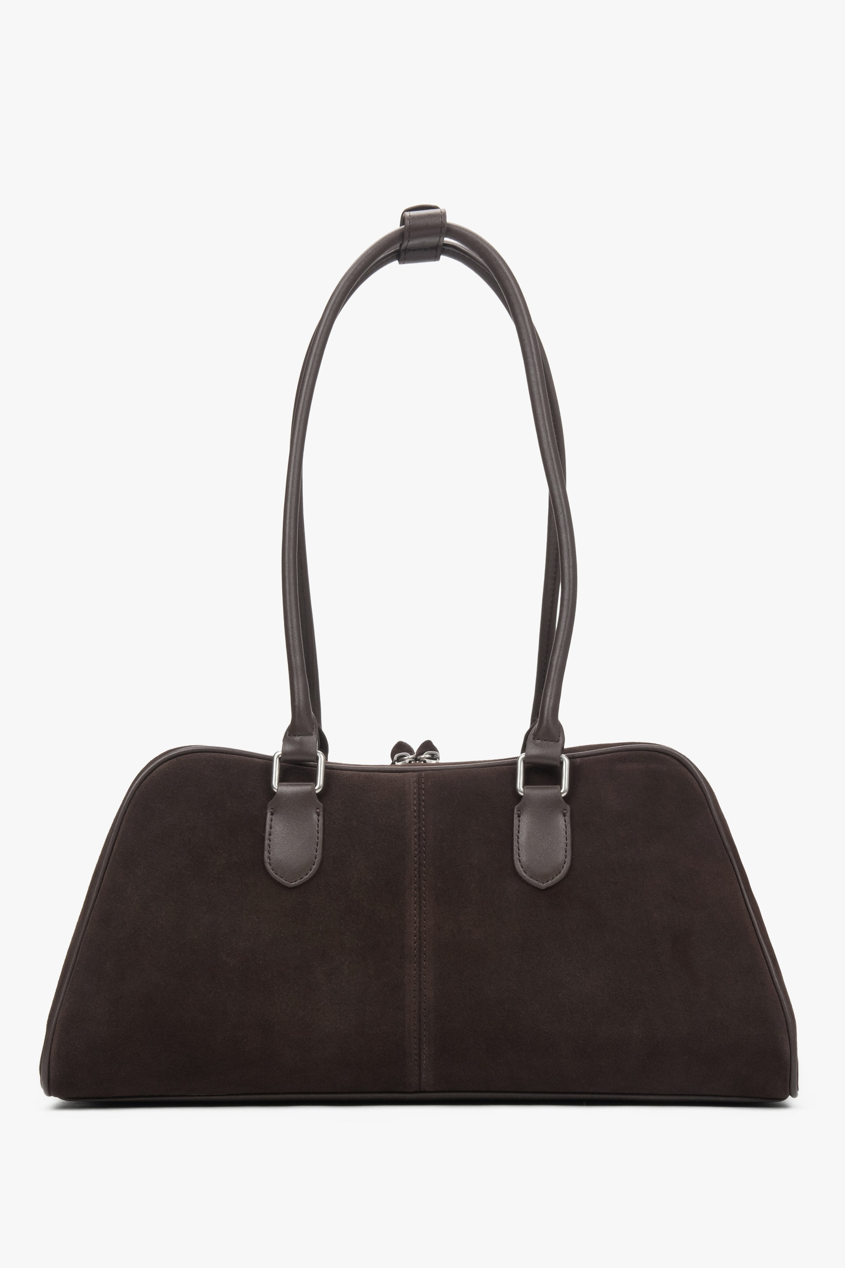 A shoulder bag for women by Estro in saddle brown velour, featuring long handles.