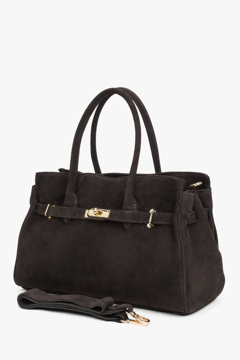 Large women's handbag with a velvety finish, made of rich Italian Premium velour in a noble dark brown shade.