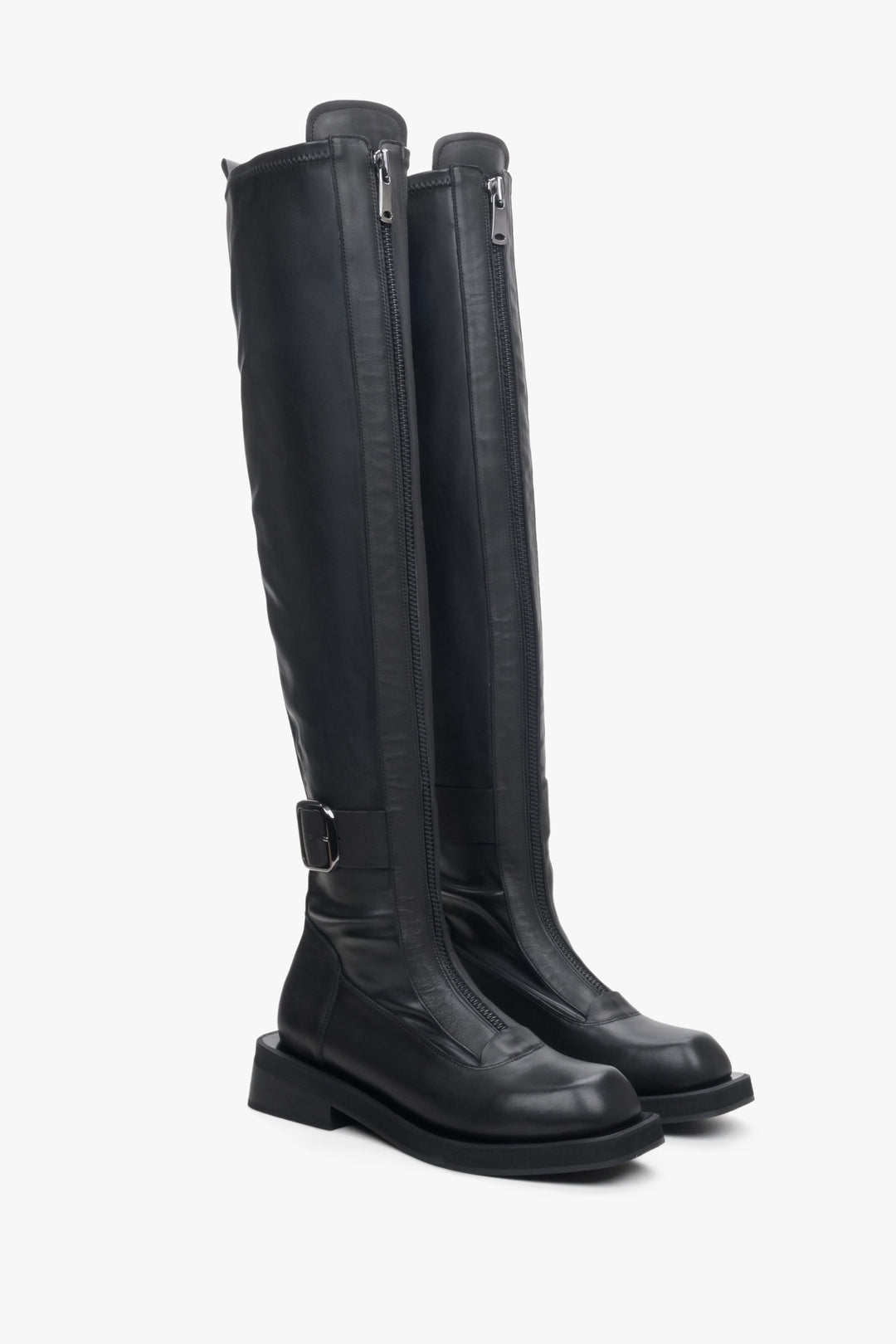 Estro women's  black leather high boots - close-up on the toe and side line of the boots.