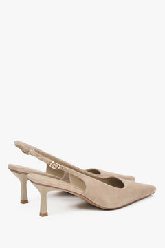 Comfortable beige women's velour slingback pumps by estro, featuring a low heel.