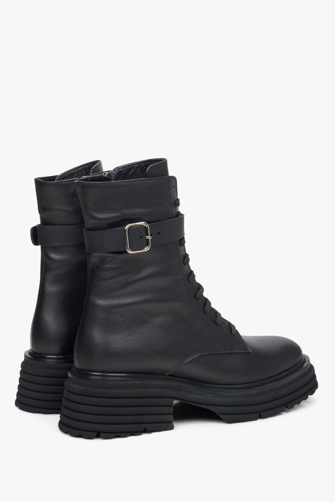 Women's black leather boots by Estro - close-up on the side line of the boot.