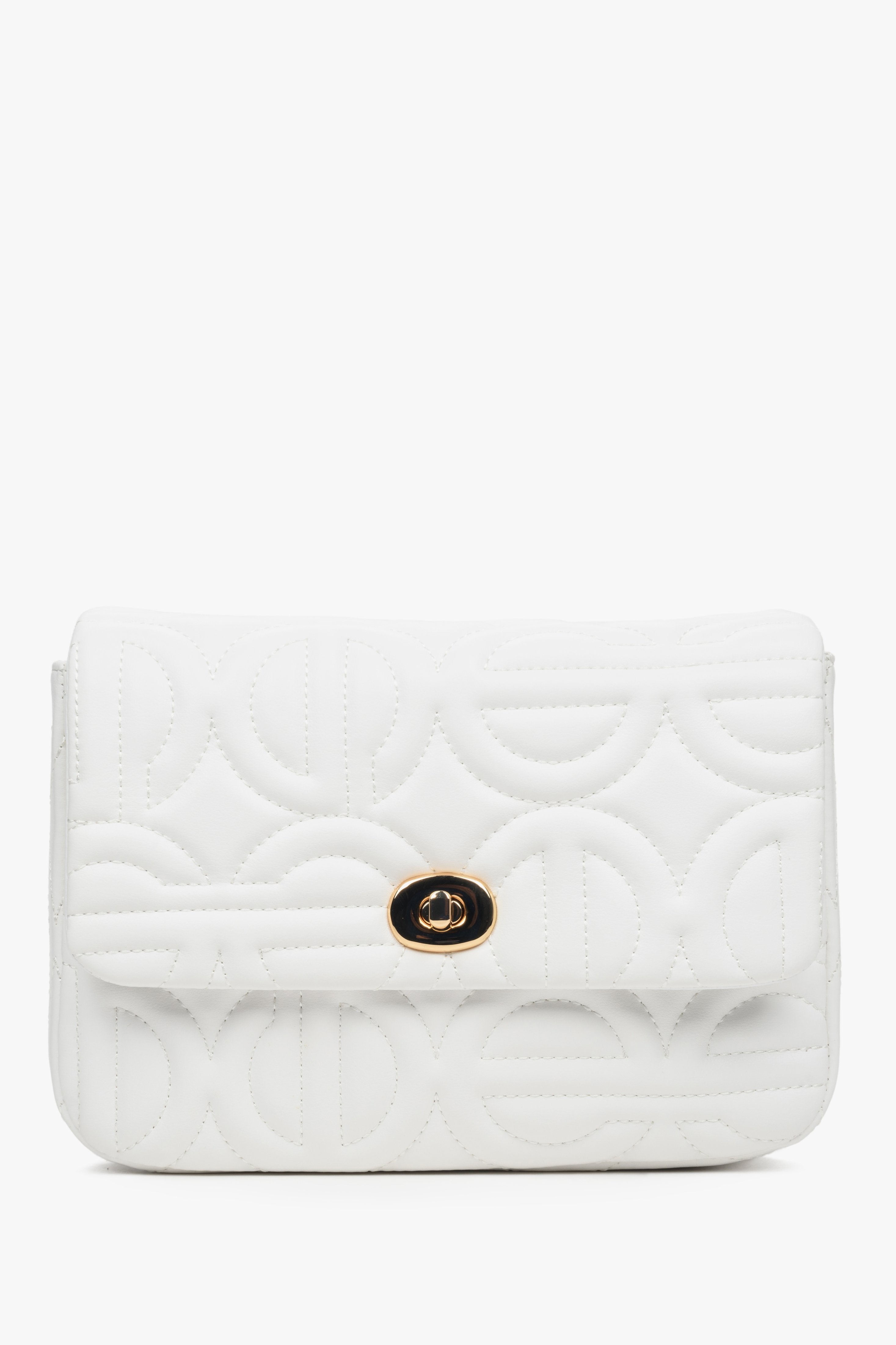 Women's small white  shoulder bag with a gold chain.