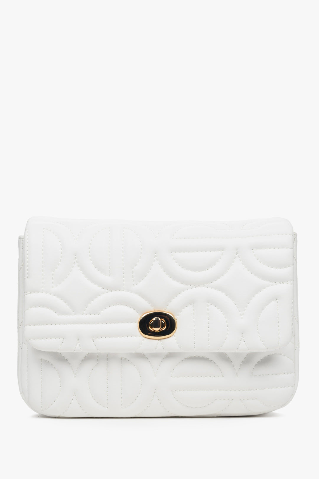 Women's small white  shoulder bag with a gold chain.